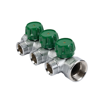 Коллектор 3/4"*1/2 (3 выхода) с вентилями 135° никелированный под «ЕВРОКОНУС». MR135N-3/4-3