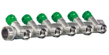 Коллектор 6 вых. 45 гр. с кран-буксами 1"х3/4ш, под евроконус TIM MR135NE-1-6