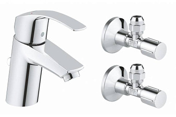 Смеситель для раковины GROHE Eurosmart New с угловыми вентилями (2 шт.) и донным клапаном, хром 23588000
