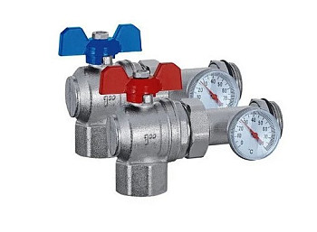Кран угловой+тройник под термометр+термометр, красная и синяя бабочка TIM M319-4