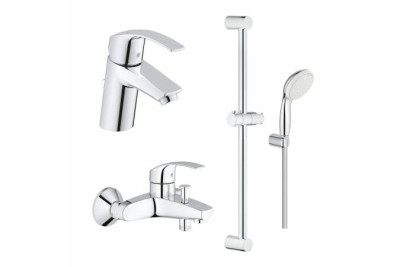 Набор для ванной GROHE: смесители для ванны и раковины Eurosmart, душевой гарнитур Tempesta New с дополнительным держателем NB0058