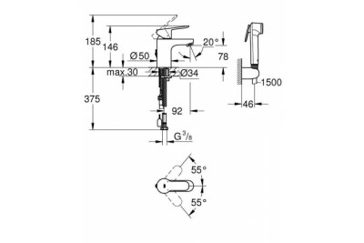 Смеситель для раковины GROHE BauEdge с гигиеническим душем, хром 23757000
