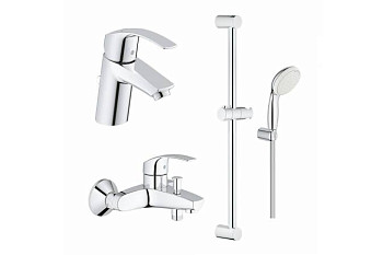 Набор для ванной GROHE: смесители для ванны и раковины Eurosmart, душевой гарнитур Tempesta New с дополнительным держателем NB0058