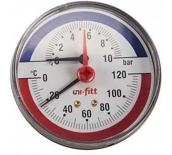 Термоманометр аксиальный 10 бар, 120 C, диаметр 80 мм, 1/2"Н, Uni-Fitt