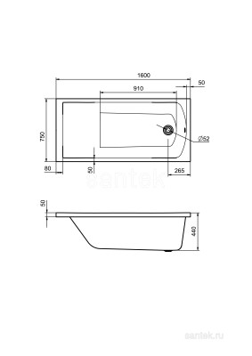 Акриловая ванна Santek Фиджи 160х75 прямоугольная 1WH501597
