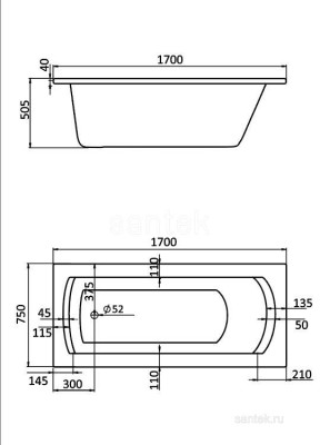 Ванна Santek Монако XL 170х75 прямоугольная белая 1WH111980