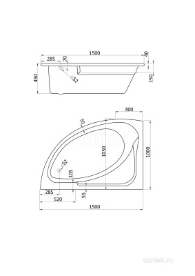 Ванна Santek Гоа 150х100 L асимметричная белая 1WH112033