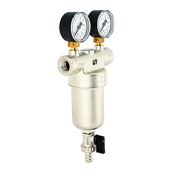 Фильтр промывной Uni-Fitt ВВ 1/2" со сливным шаровым краном и 2 манометрами, 300 мкм, ник. арт.216N2030